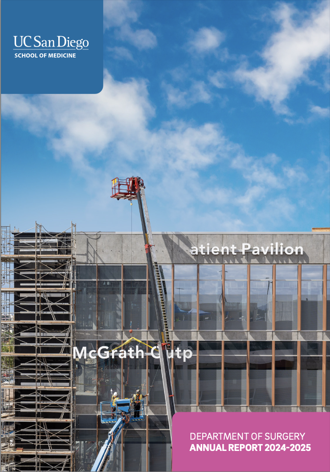 Cover of annual report with text "UC San Diego School of Medicine Department of Surgery Annual Report 2024-2025." Click to access full annual report. 