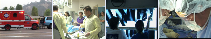 4 trauma images: ambulance, people scrubs, xrays, close up of surgeons