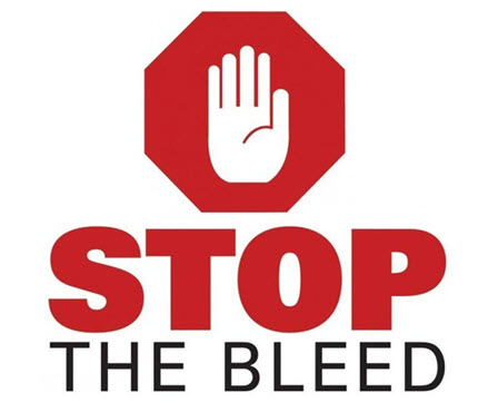 hand in the stop position with the words, stop the bleed underneath it